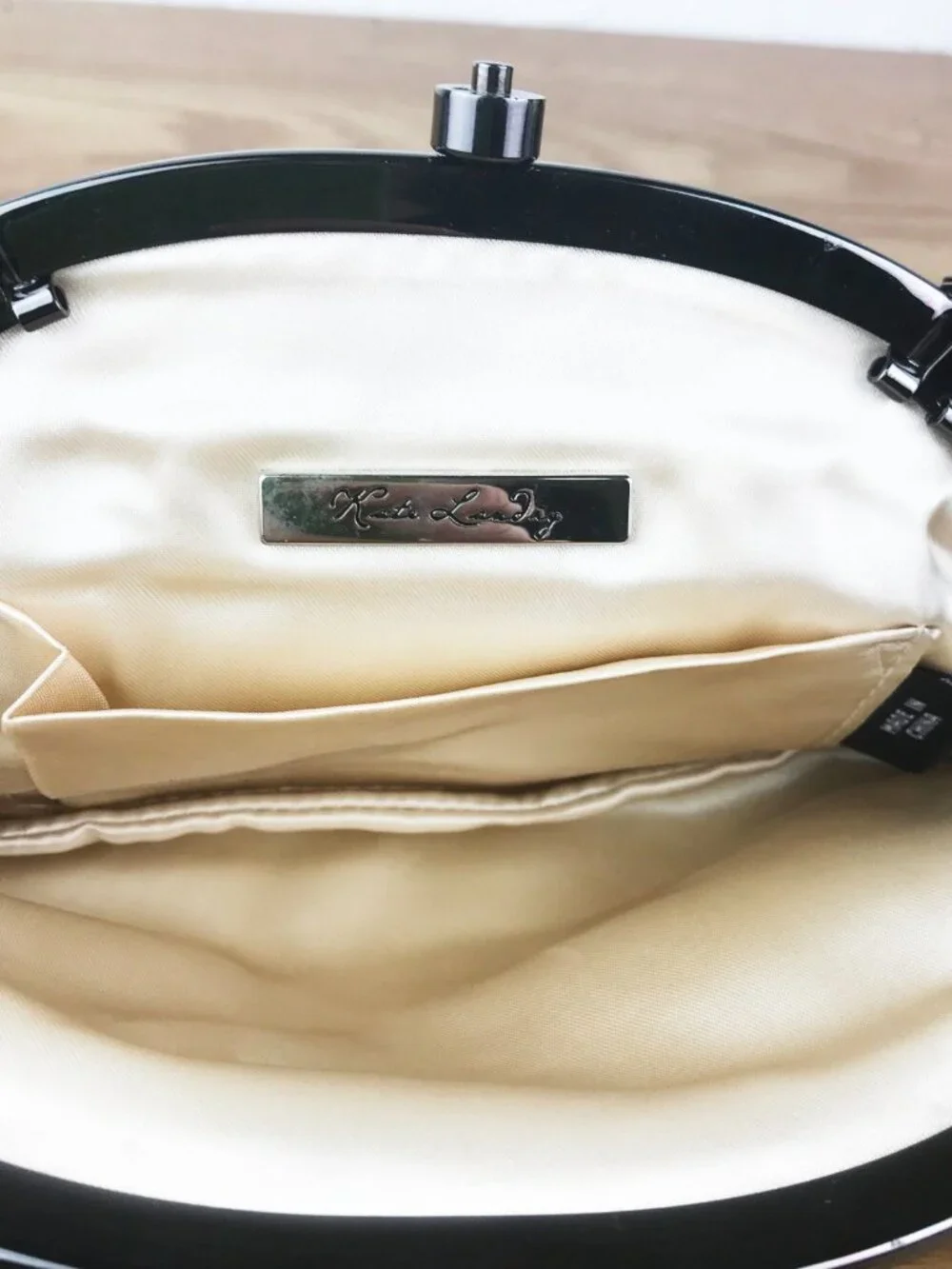Ken Lady Black Lace Evening Clutch – Champagne Satin, Gunmetal Frame & Cord Stra